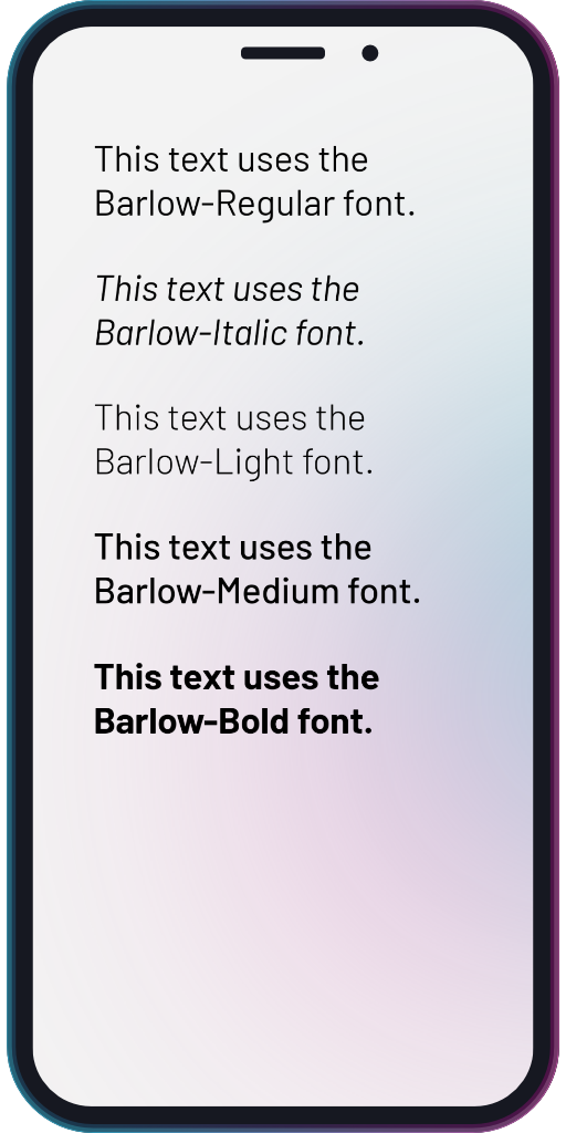 The app showing the the fonts of the Barlow font family.